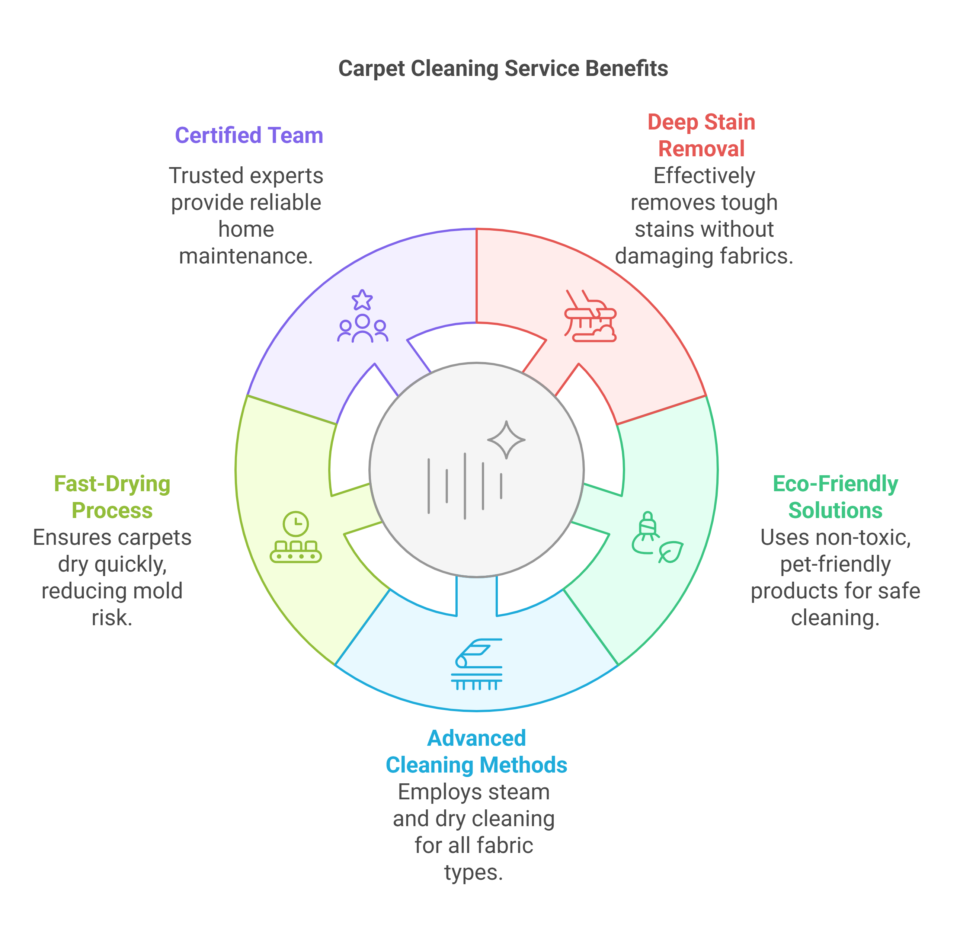 Carpet cleaning service benefits include a certified team, deep stain removal, fast-drying process, eco-friendly solutions, and advanced cleaning methods.